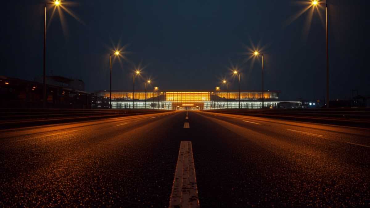Route d’accès à l’aéroport de Lille-Lesquin éclairée la nuit