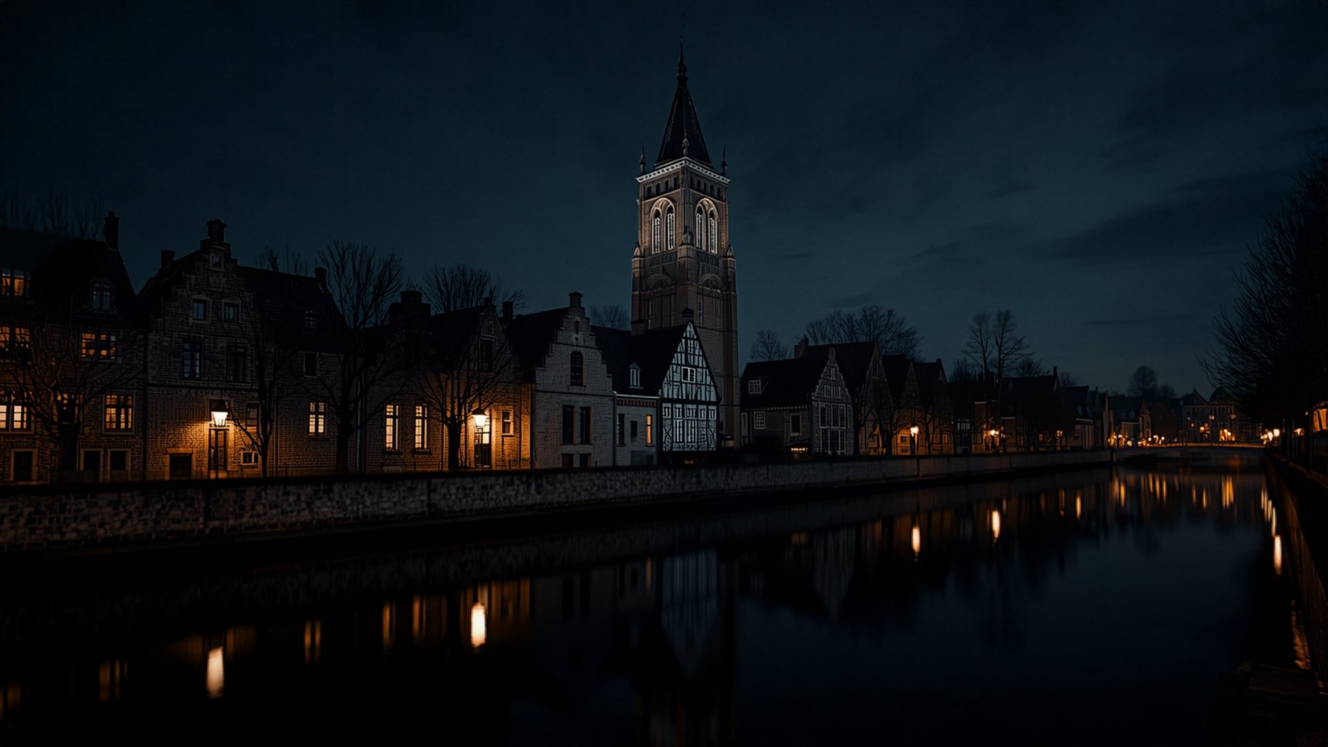 Tour d’église flamande reflétée dans l’eau immobile d’un canal, la nuit