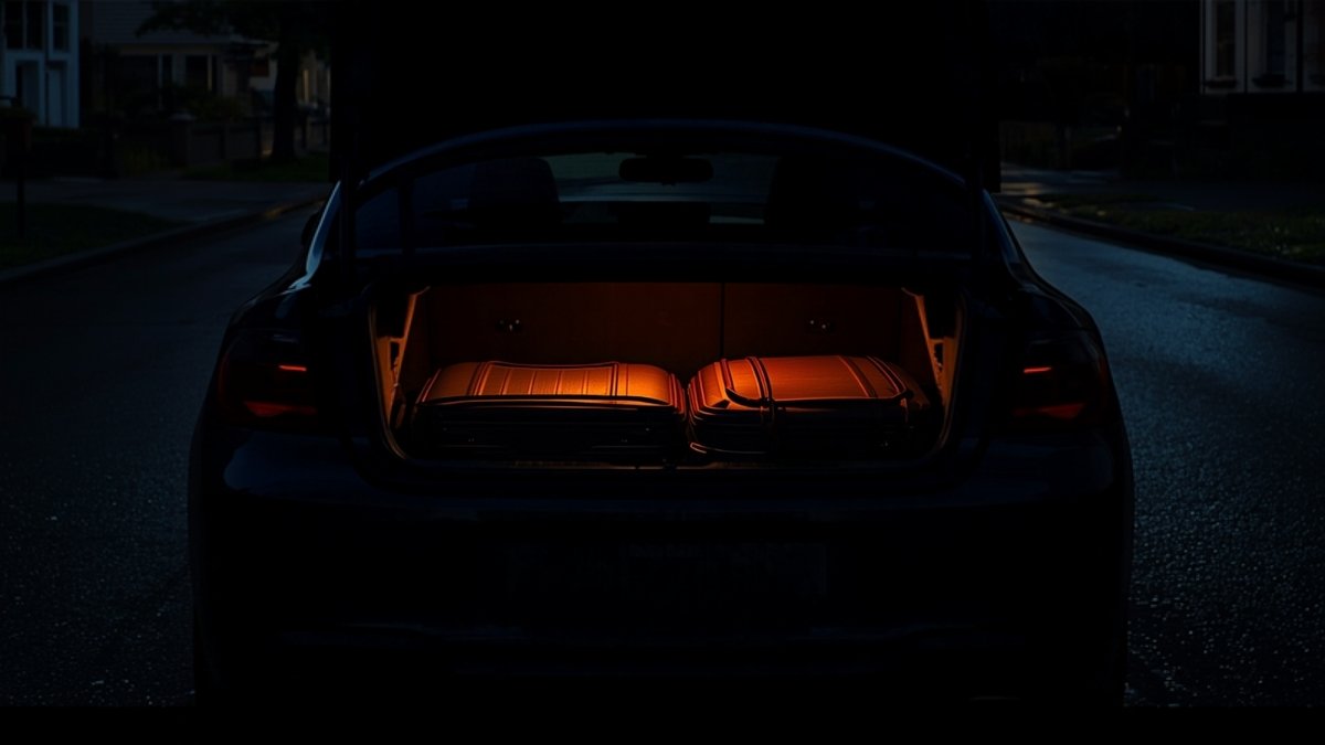 Suitcases loaded in a lamplit car boot on a quiet street at night