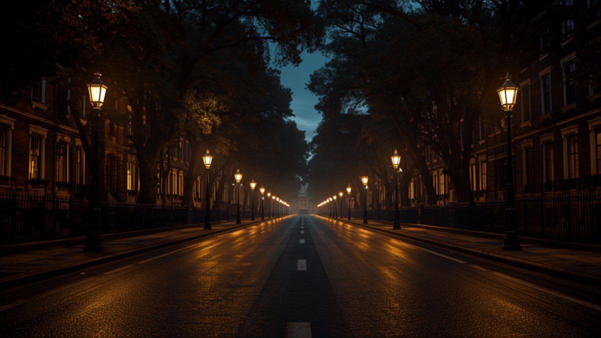 Avenue bordée de demeures en brique à Croix, éclairée la nuit
