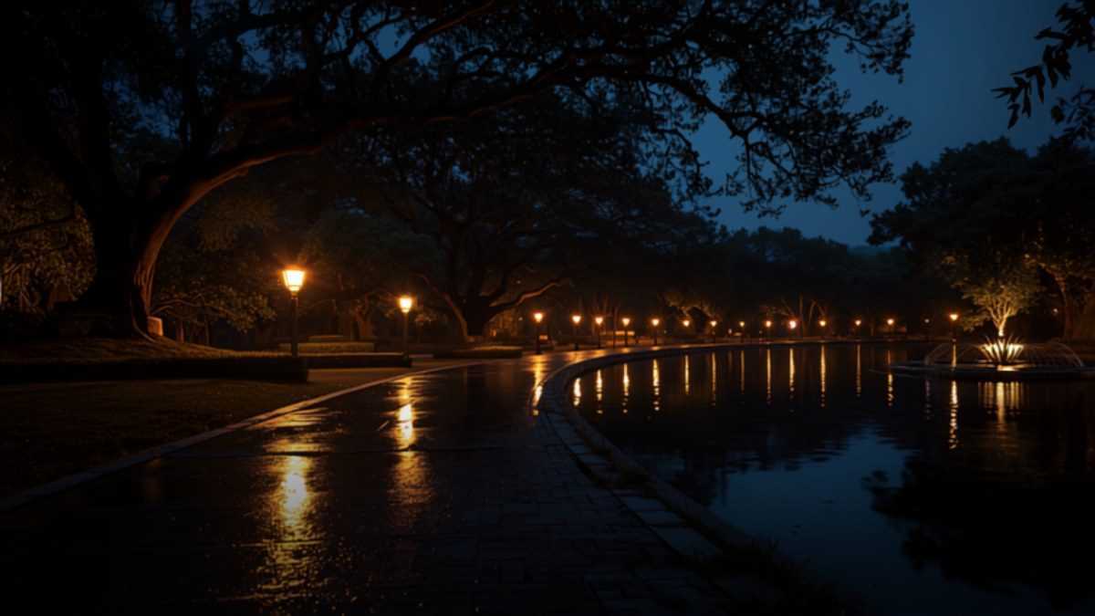 Allée d’un parc arboré à Croix, à la tombée de la nuit