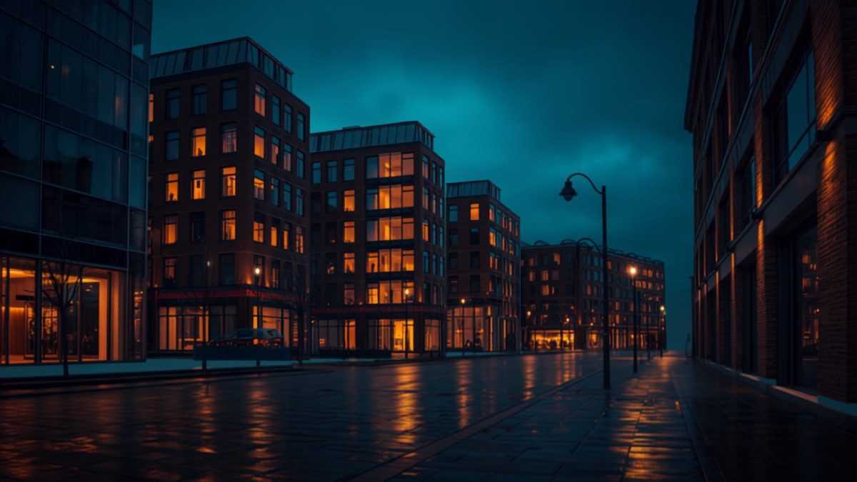 Quartier d’affaires de Lille la nuit, façades de bureaux éclairées
