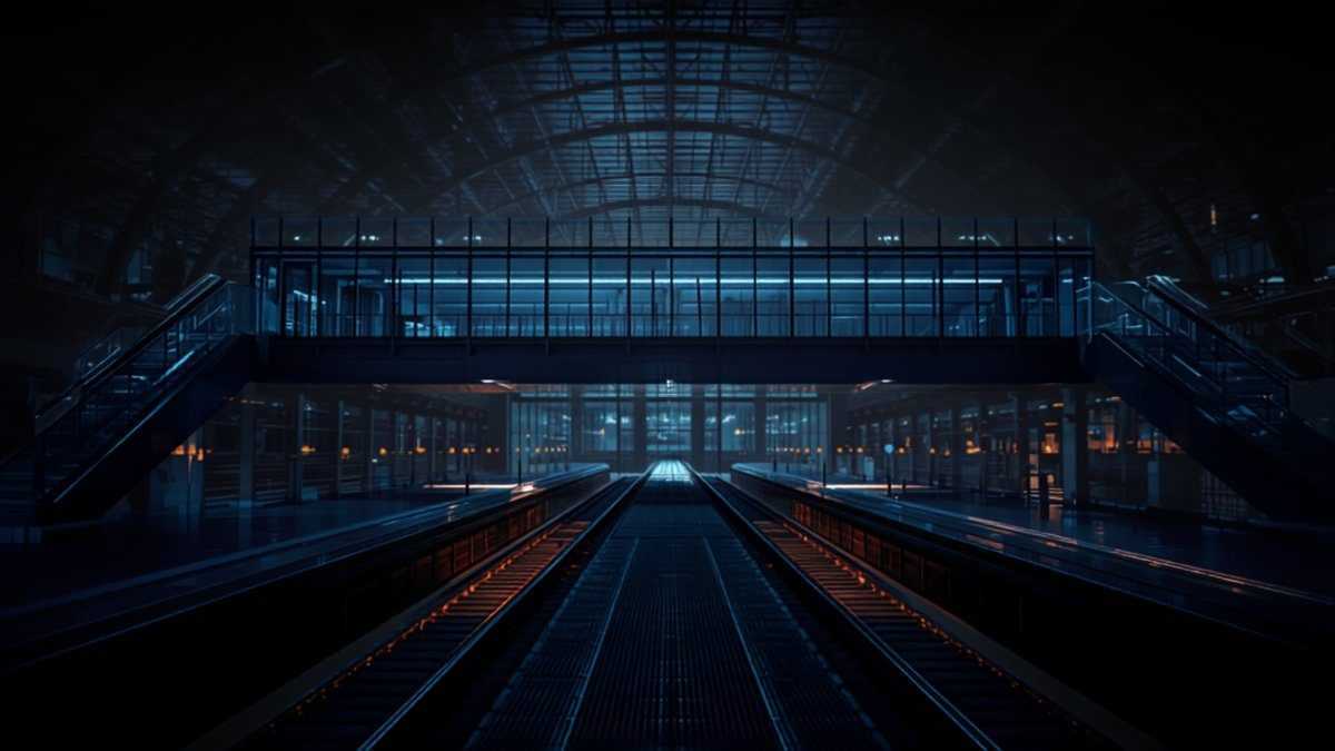 Passerelle vitrée contemporaine au-dessus des quais, la nuit