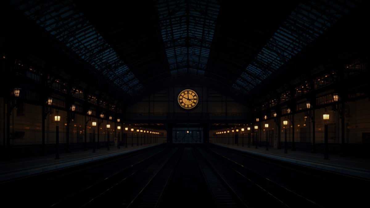 Hall de gare sous une verrière métallique, horloge éclairée