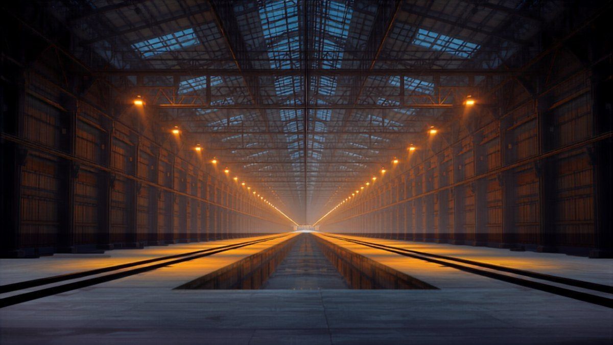 Halle d’atelier ferroviaire éclairée la nuit à Hellemmes