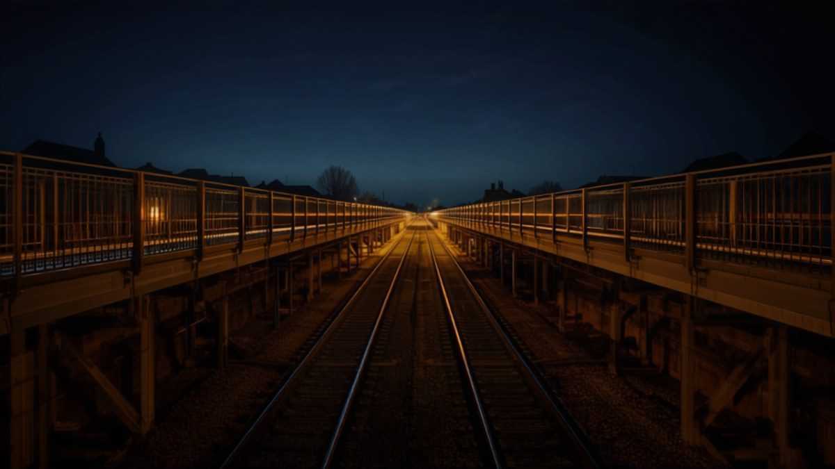 Passage au-dessus des voies ferrées éclairé la nuit