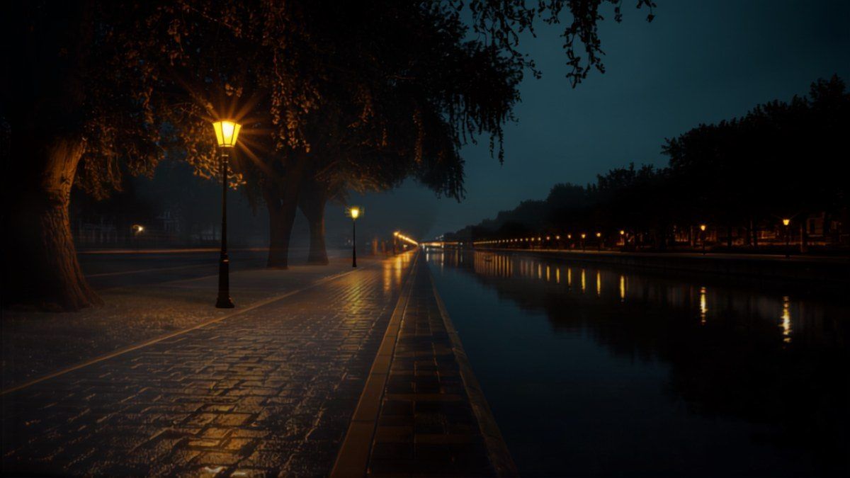 Berges de la Deûle à Lambersart éclairées la nuit