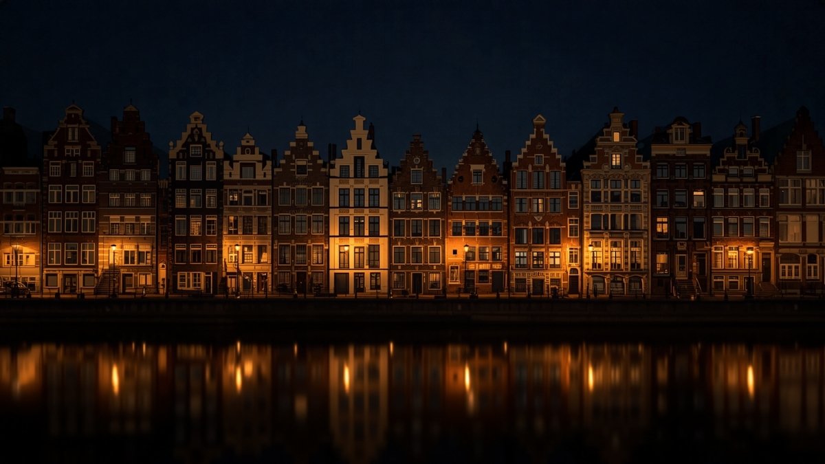 Row of gabled Flemish guild houses reflected in still water at night