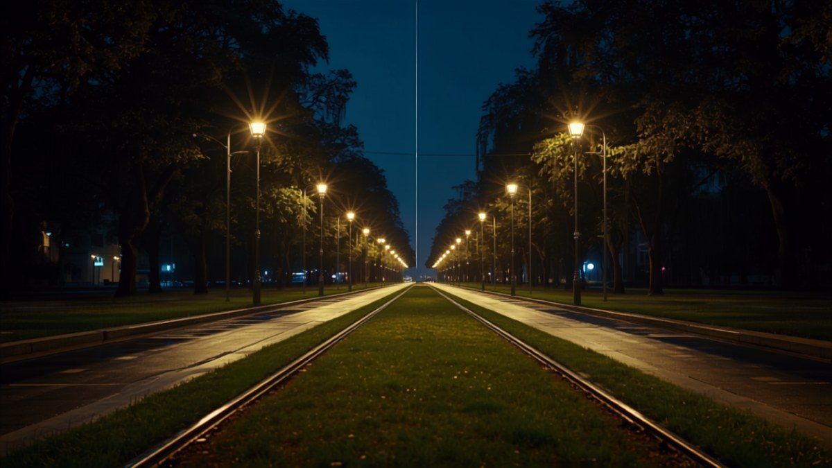 Rails du tramway sur le Grand Boulevard à Marcq-en-Barœul la nuit