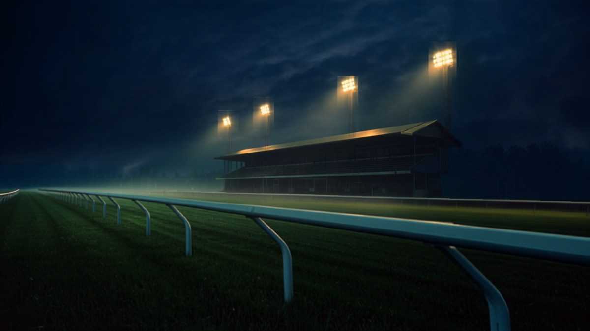 Piste et tribune d’un hippodrome désertes sous les projecteurs, la nuit