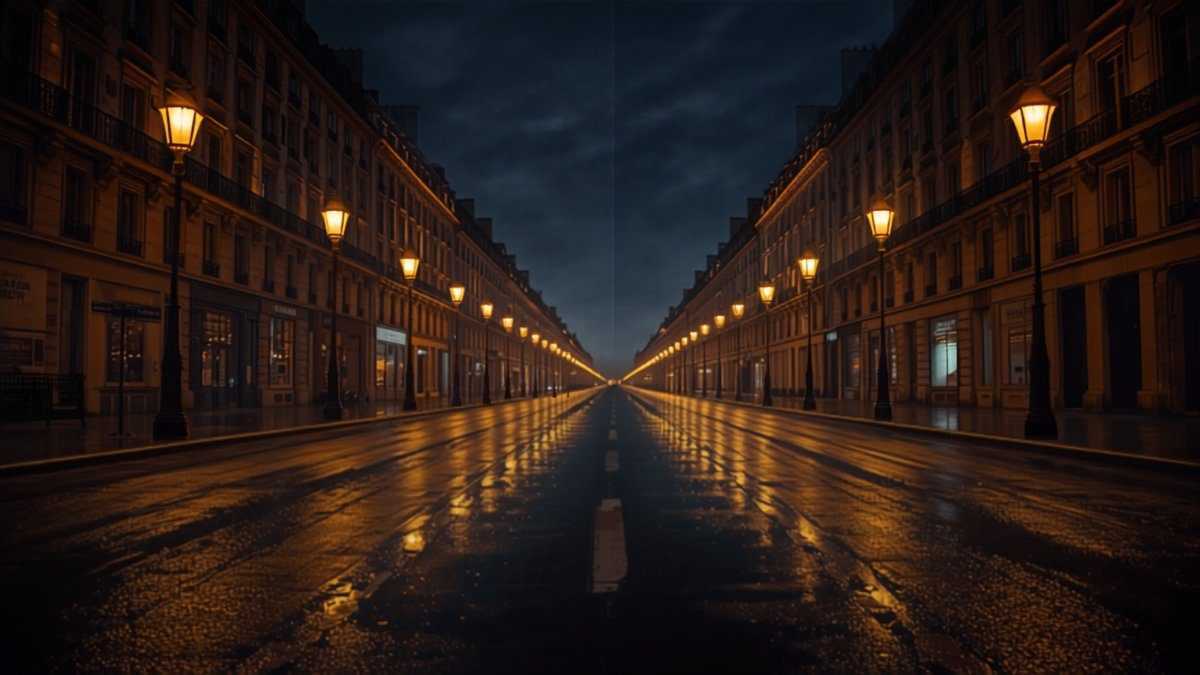 Boulevard parisien bordé de façades haussmanniennes éclairées la nuit