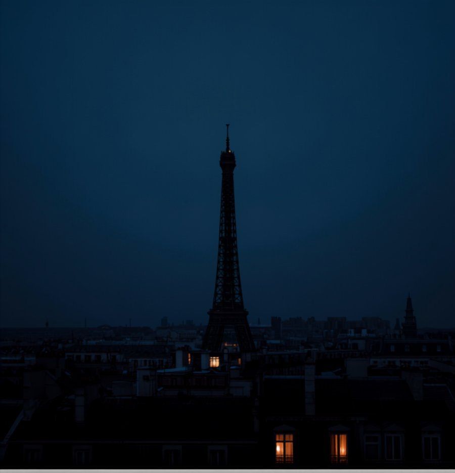 Tour Eiffel au-dessus des toits parisiens à la tombée de la nuit