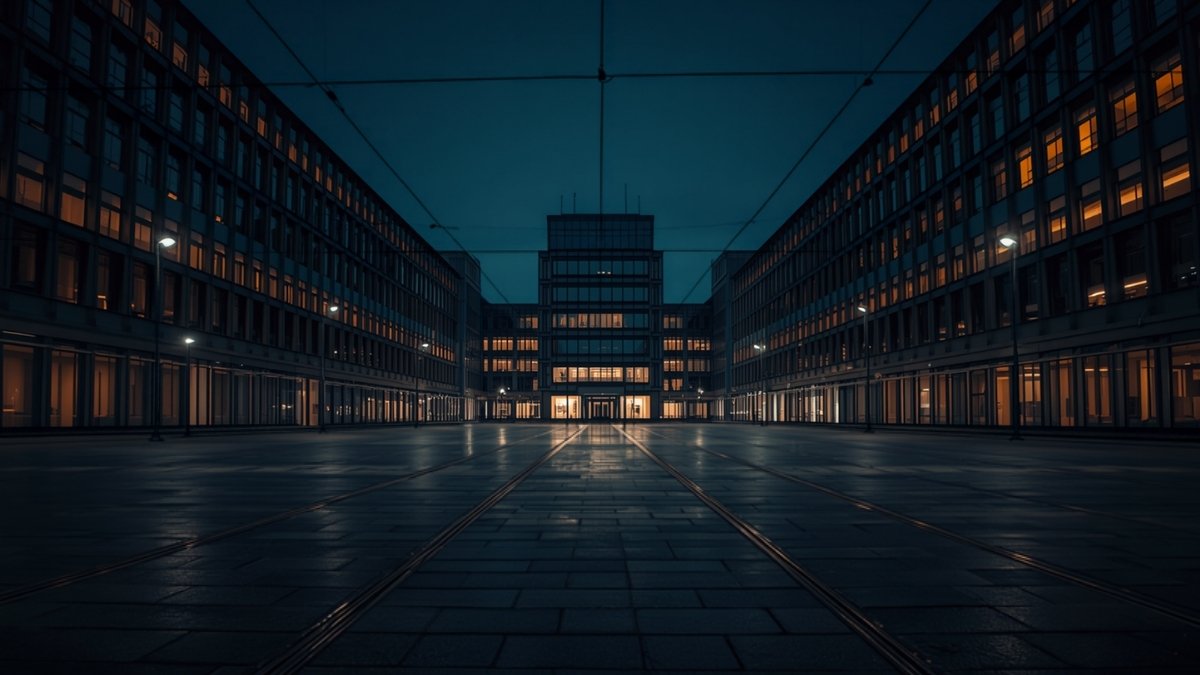 Lit windows of a European office district across an empty plaza at night