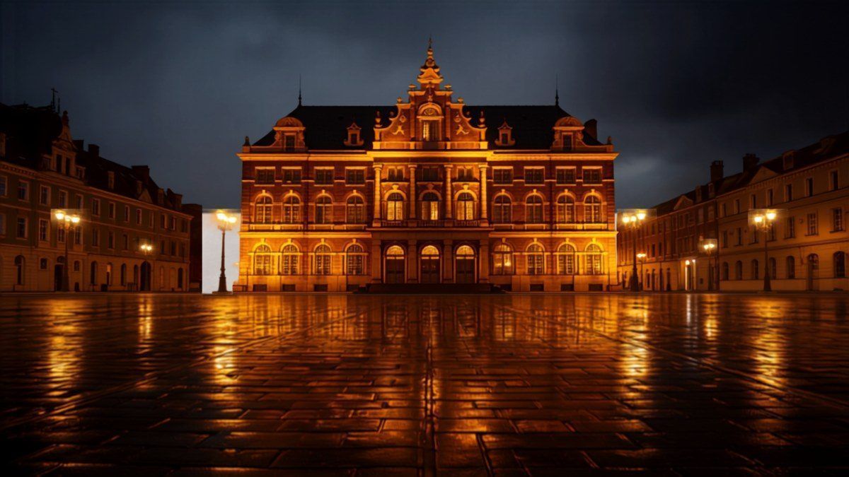 Façade en brique de l’hôtel de ville de Roubaix éclairée la nuit