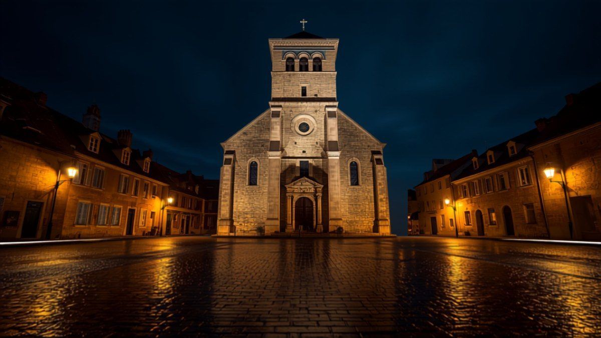 Collégiale Saint-Piat de Seclin éclairée la nuit