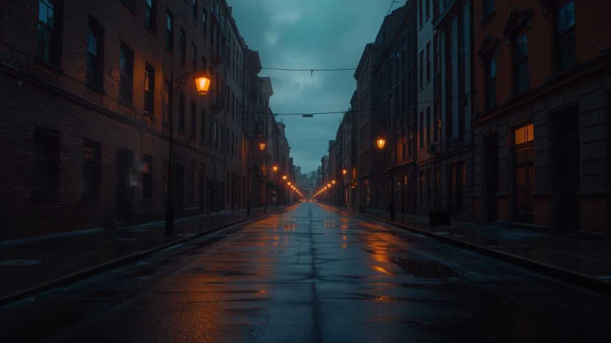 Rue déserte à l’aube, lampadaires encore allumés