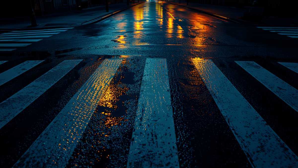 Passage piéton mouillé éclairé par un lampadaire, la nuit à Lille