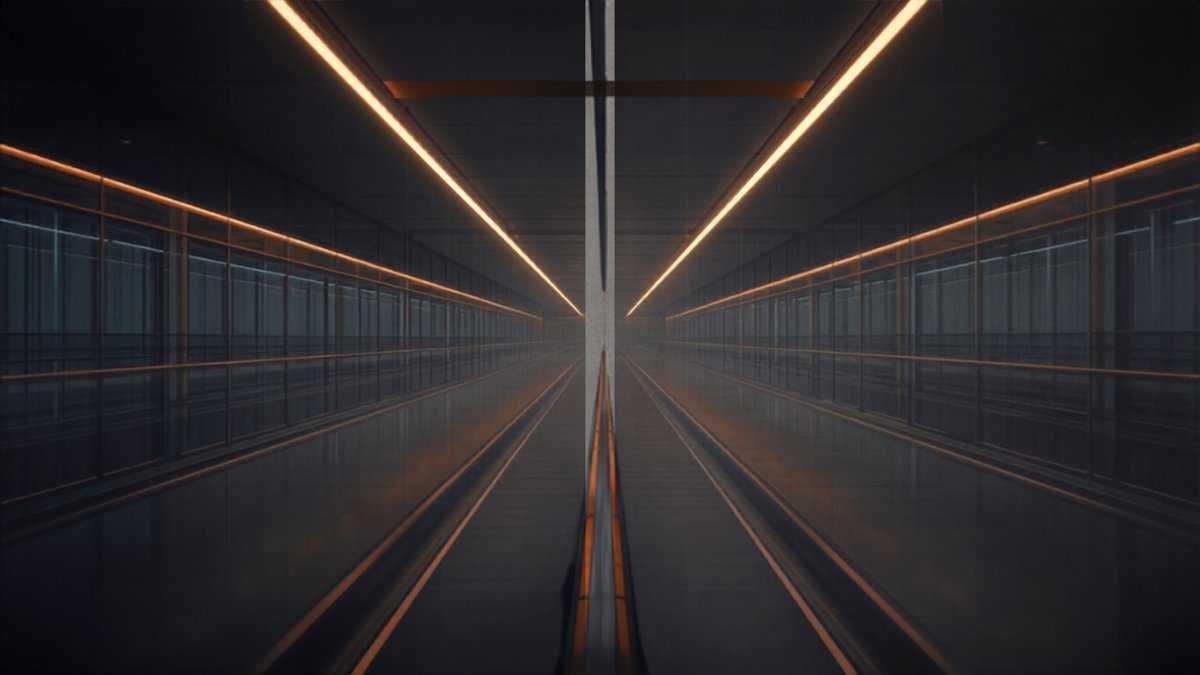 Long couloir d’aéroport et tapis roulant éclairés, la nuit